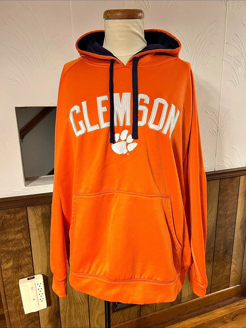 Orange Clemson hoodie with purple accents
